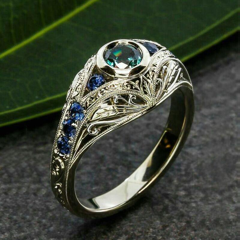 Wind Hollow Engraved With Colorful Glass Diamonds Retro Ring, Jewelry