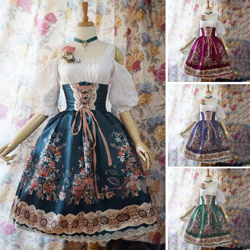 Justerbar stroppkjole Elegant Lolita Princess Style A-linjekjole med blonde blomstertrykk Off Shoulder Design for kvinner