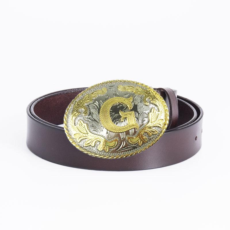Men's Punk Whole Cowhide Perforated G-shaped Buckle Leather Belt for Jeans - Fashion Casual Retro Style