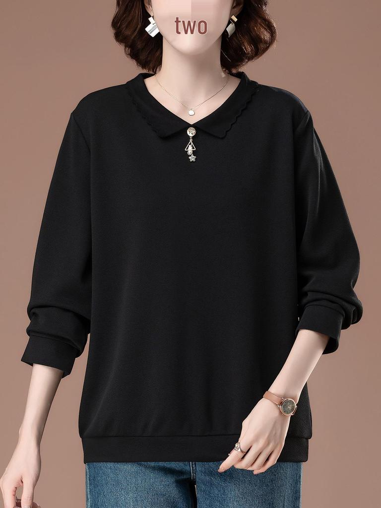 Plus Size Women's Autumn Long Sleeve Versatile Loose Turn-Down Collar T-shirt for Middle-Aged Moms