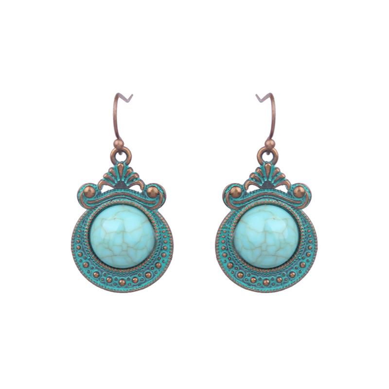 Fashion Vintage Drop Earrings For Women Ethnic Geometric Antique Bronze Color Blue Beads Tassel Boho Dangle Earrings Zircon