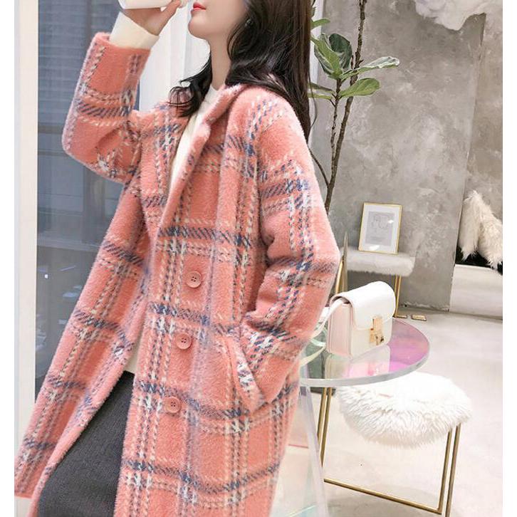 Women's Coats and Jackets Fashion Women's Plaid Double-Breasted Woolen Coat Ladies Overcoat