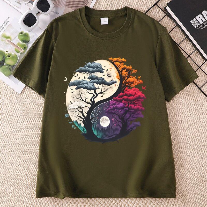 YinYang Natureinspired Pattern Loose Tshirt Tree Design Moon and Flying Birds Printed Tshirts Nature Lovers and Outdoor