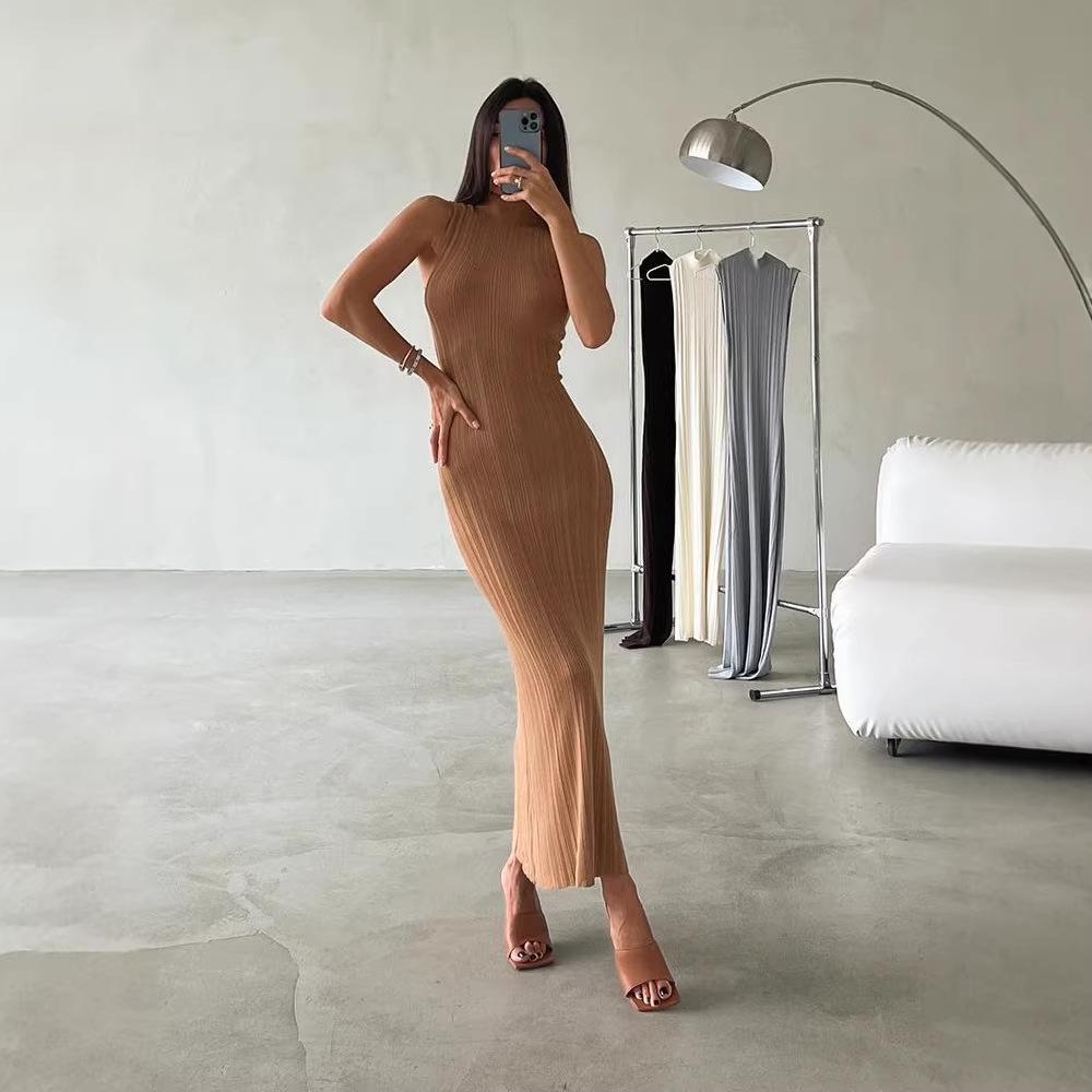 Women's European American Style Sleeveless High Neck Bodycon Dress - Waist-Cinching & Hip-Hugging for Spring/Summer