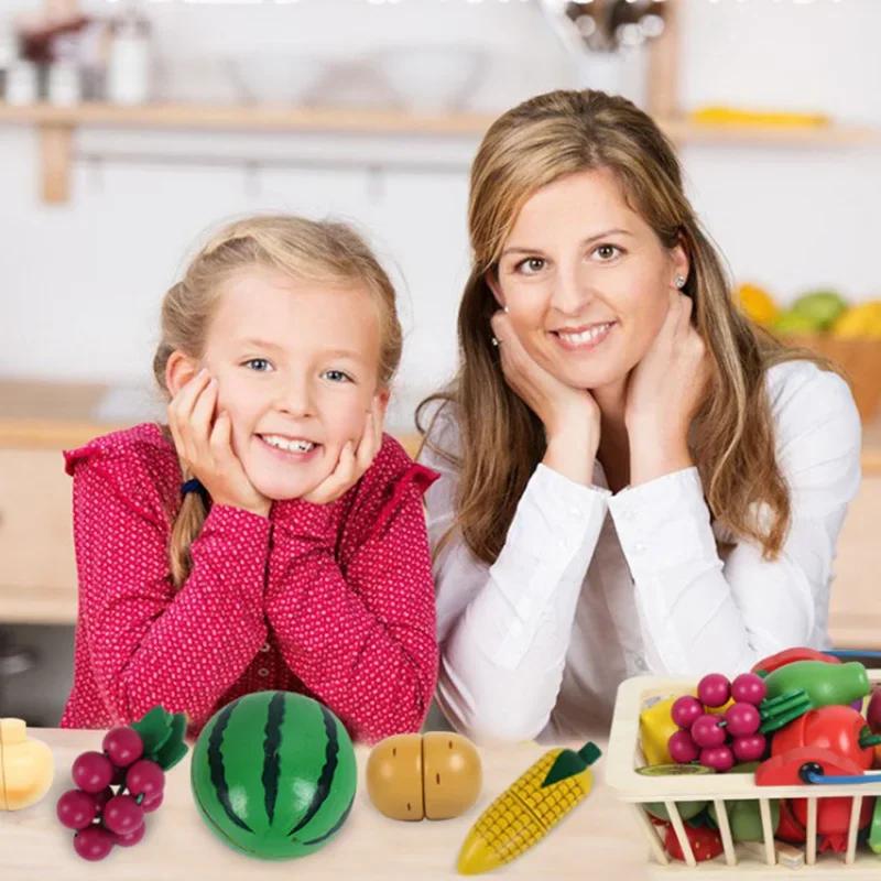 Wooden Magnetic Cut Food Toy Set - Emulational Fruits Vegetables Basket Educational Kitchen Play Game for Toddlers & Babies