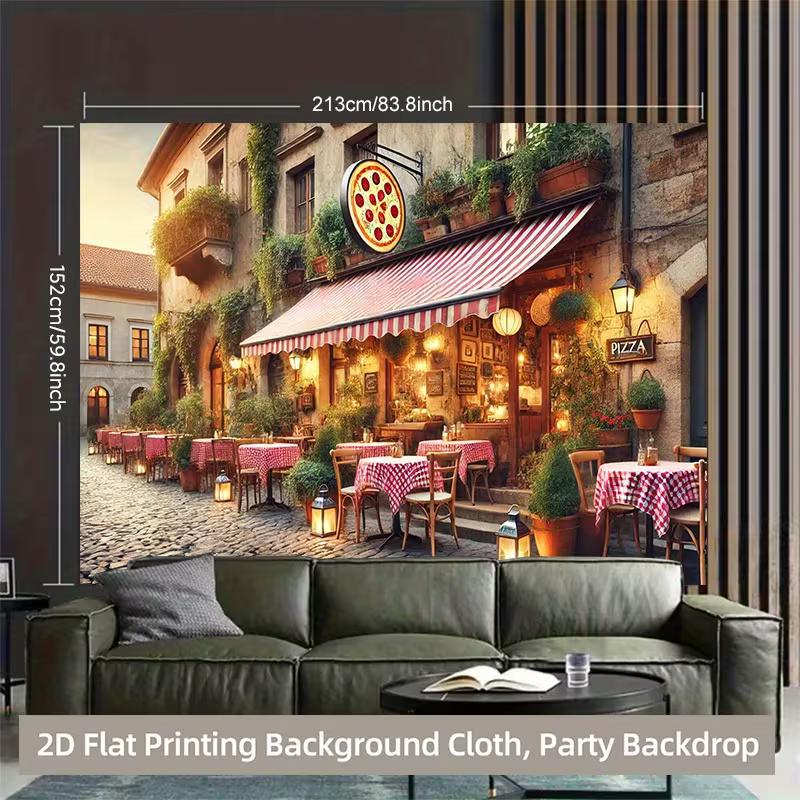 Italian Restaurant Scene Tapestry, Outdoor Pizza Shop Wall Hanging for Live Streaming