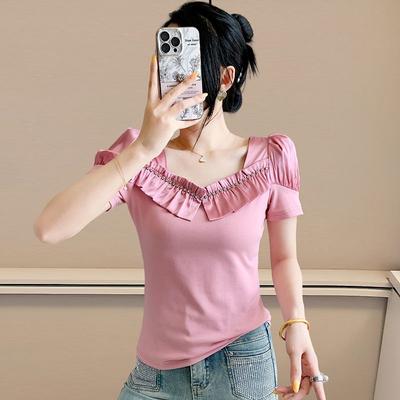 Mode Sommer Damen Baumwoll-T-Shirt Elegant Kurzarm Damen Marken-Top-Shirts Schick Sexy Quadratischer Ausschnitt Rüschen Heiße Diamanten T-Shirts