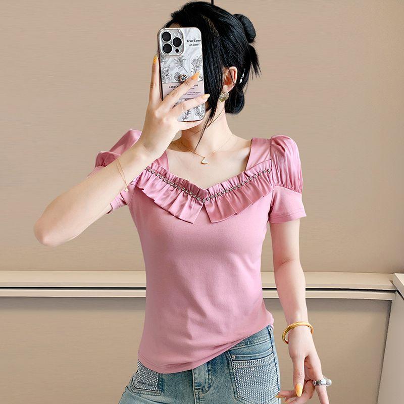 Fashion Summer Ladies Cotton T-shirt Elegant Short Sleeve Women Brand Top Shirts Chic Sexy Square Neck Ruffles Hot Diamonds Tees