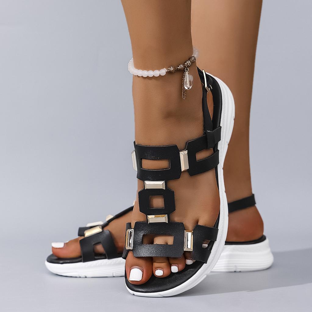 Mode Sommer Neu Rundköpfige Leder Damen Sandalen Keilabsatz Lässige Strandschuhe Bequemes Schuhwerk mit Metalldekoration für Damen