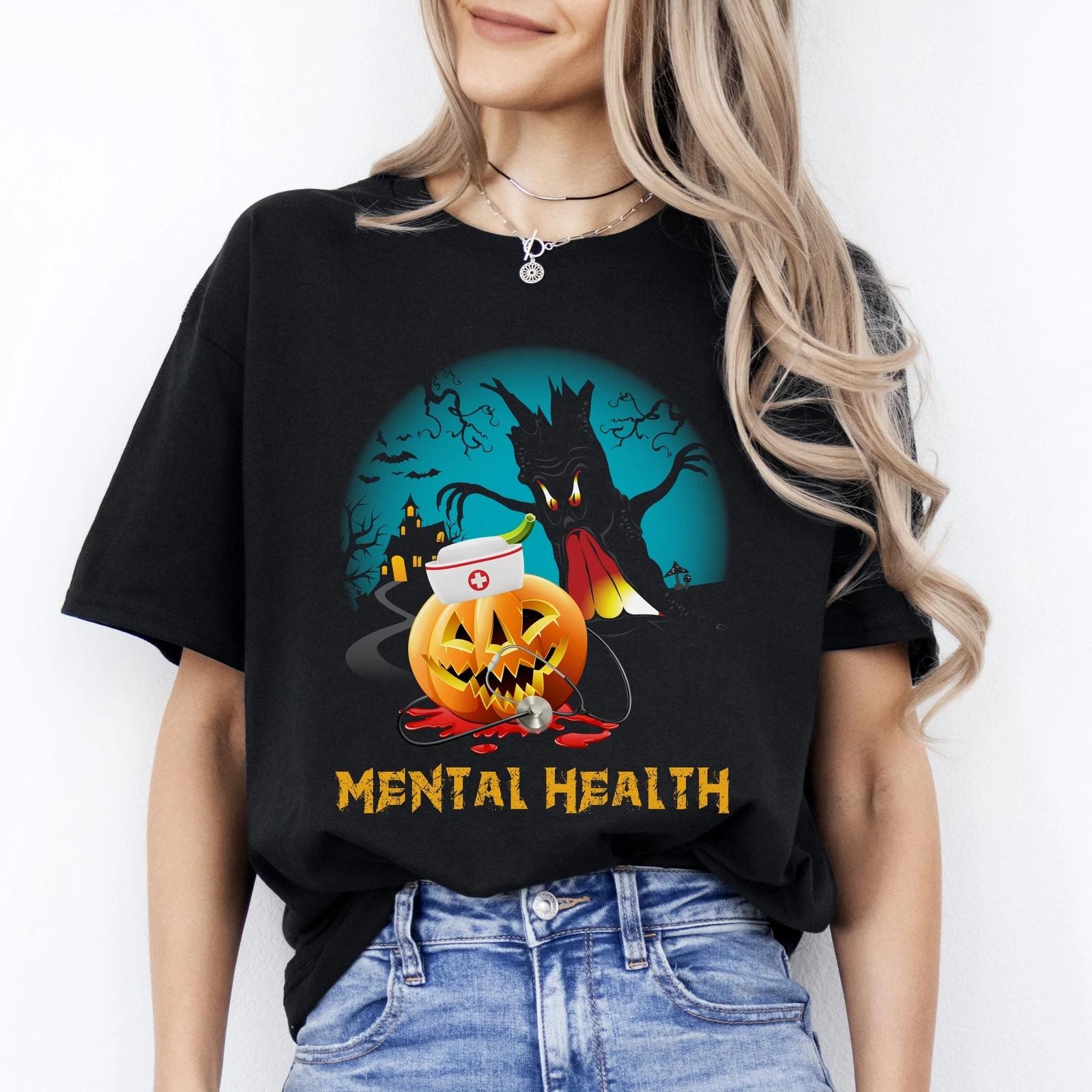 Mental health Halloween Unisex T-Shirt Scary Spooky Psych Nurse tee Black Dark H 3XL