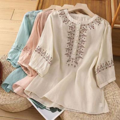 Women Shirt Retro Style Embroidery Flower Pattern Pullover Tops Round Neck