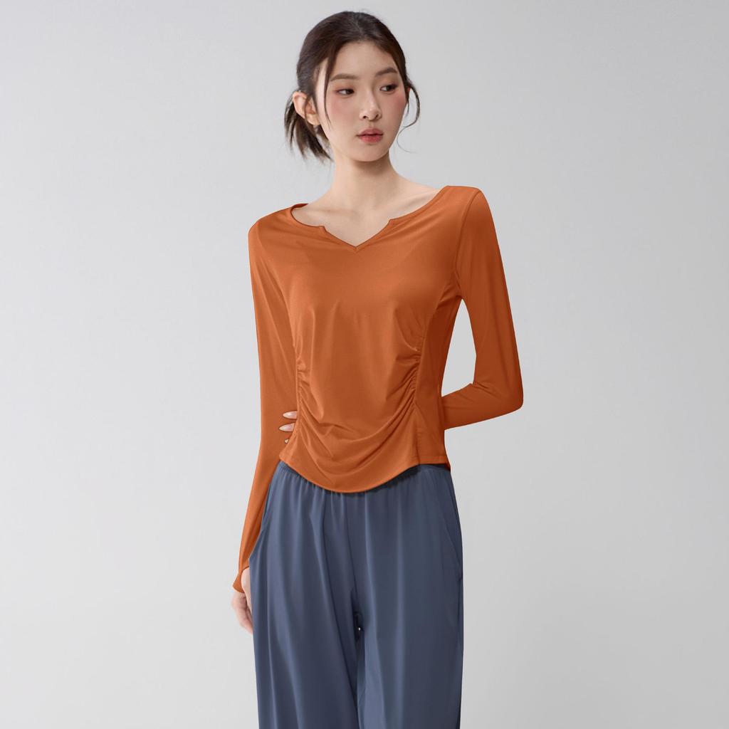 Women's V-Neck Yoga Suit: Loose, Quick-Dry, Long Sleeve for Casual Sports and Pilates Training