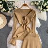 Spring Autumn Women Elegant Knitted Sweater Office Two Piece Set V-neck 3D Flower Pullover Tops and Long Maxi Sheath Skirt Outfits