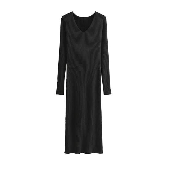 Women's Sweater Dress Fall Long Sleeve V Neck Ribbed Knit Split Long Dress Casual Bodycon Slim Fit Midi Dress