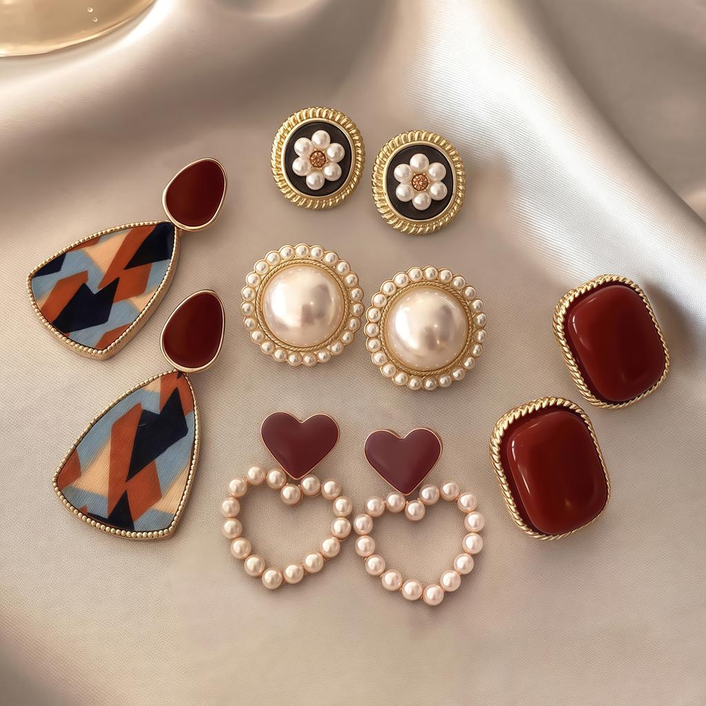 5 Pairs of Women's Fashion Earrings In Burgundy Faux Pearl Design, Suitable for Everyday Wear, Parties, Valentine's Day, or Birthday Gifts