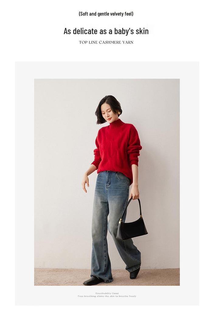 2026 Women's Plus Size Cable Knit Wool Sweater - Semi-High Neck, Thick and Loose Fit for Autumn/Winter