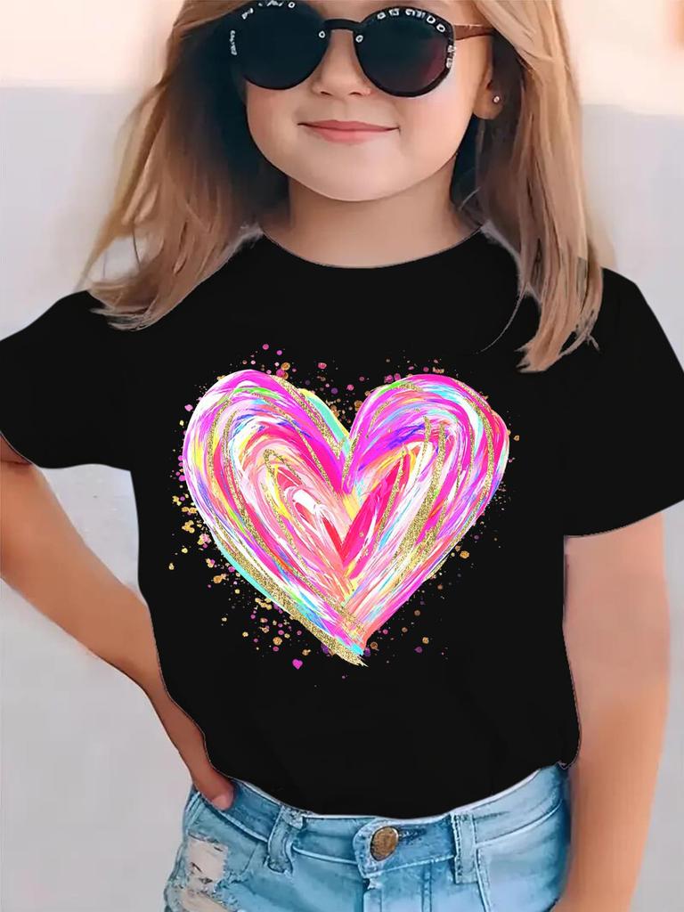 Childrens Pure Cotton Tshirt with Colorful Heart Pattern Fashion Round Neck Short Sleeves Casual and Breathable Top Girls