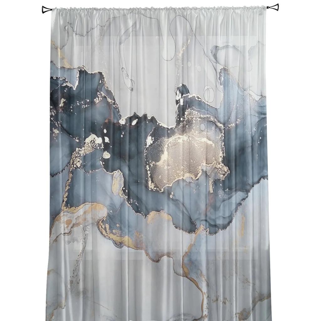 Marble Texture Ink Painting Golden Lines Tulle Curtains For Bedroom Modern Voile Curtains Home Decoration Window Curtains