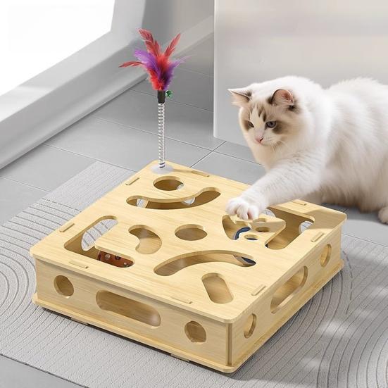 Cat Scratch Puzzle Box Interactive Enrichment Box Cat Nail File Self-Play Maze Box with Bell Balls Scratcher for Cats Hunting Mental Stimulation