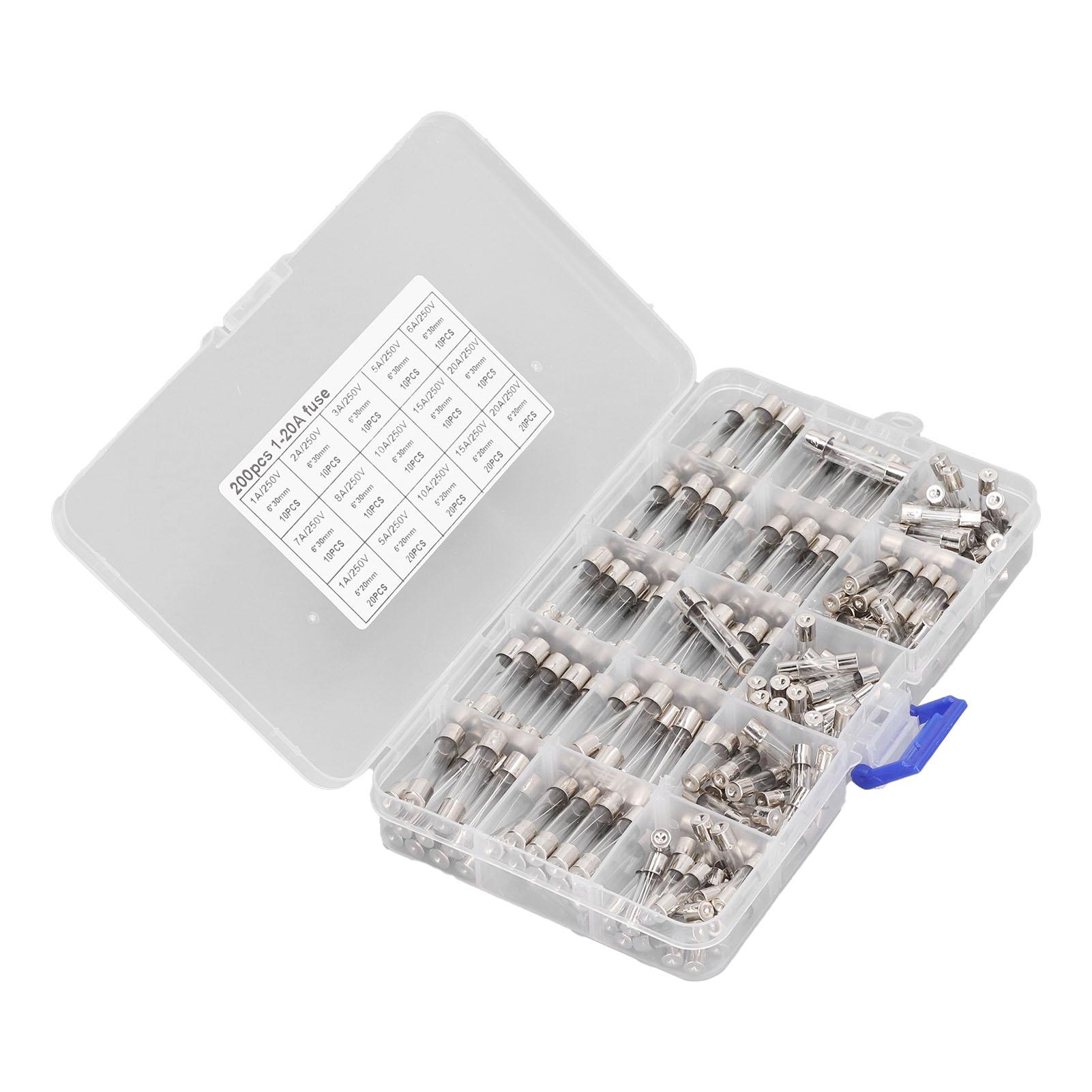 

200 шт. Скляні запобіжники Набір автомобільних запобіжників для автомобіля, RV, човна, вантажівки 5x20 мм 6x30 мм 250 В