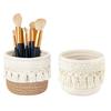 Boho Makeup Brush Holder Knotted Cord Tabletop Organizer with Tassels Handmade Circular Woven Basket for Office Desk Home Bedroom Dresser