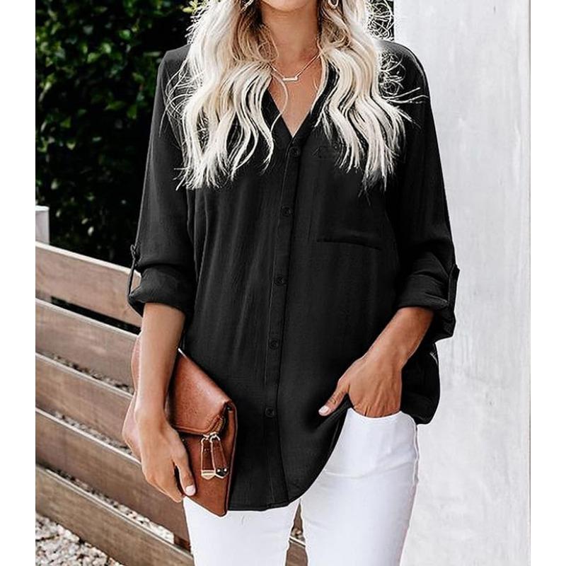 Women's Fashion Solid Color Long Sleeve Blouse Loose Shirt