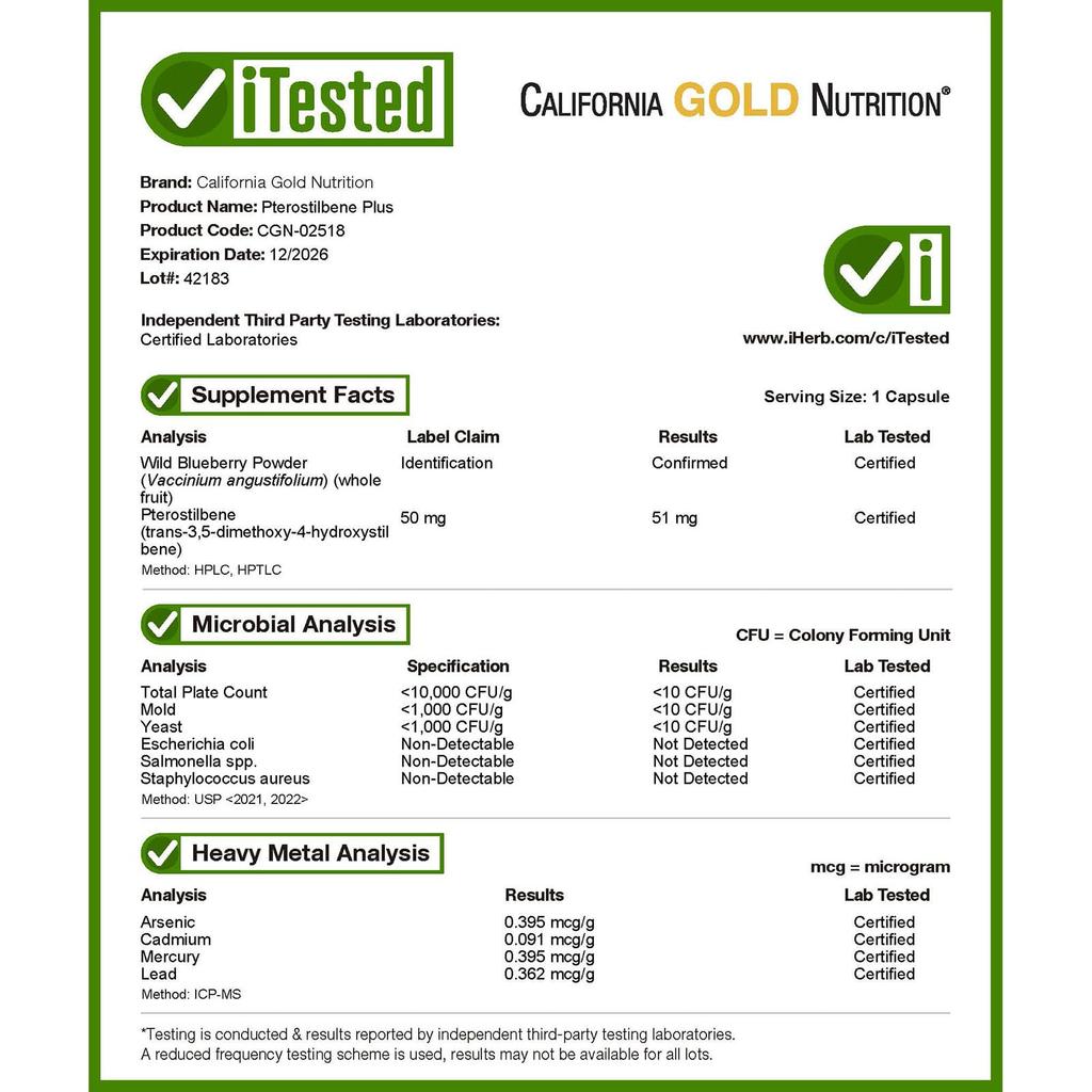 California Gold Nutrition Pterostilben Plus, 60 kapsułek wegetariańskich
