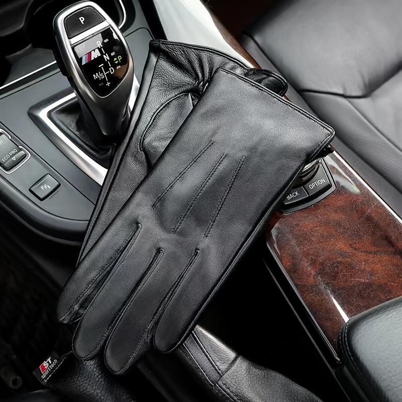 1 Pair Warm Lined Mens Black Leather Gloves with Cool Design for Winter, Men, Ideal Choice for Gifts