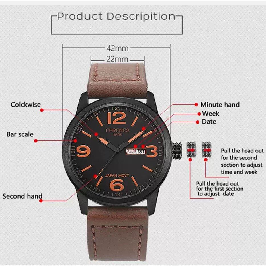 CHRONOS Top Brand Luxury Watch Men Watch Date Week Leather Men's Watch
