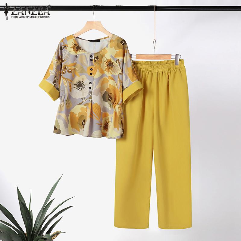 

ZANZEA Женская блузка с цветочным принтом и брюки повседневные комплекты из двух предметов S чёрный