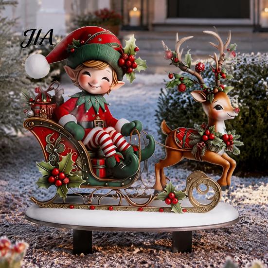 Christmas Garden Display Elf Stake, Reindeer Sleigh Acrylic Yard Art Decorative Flowerbed Stakes Waterproof Xmas Outdoor Ornament for Holiday