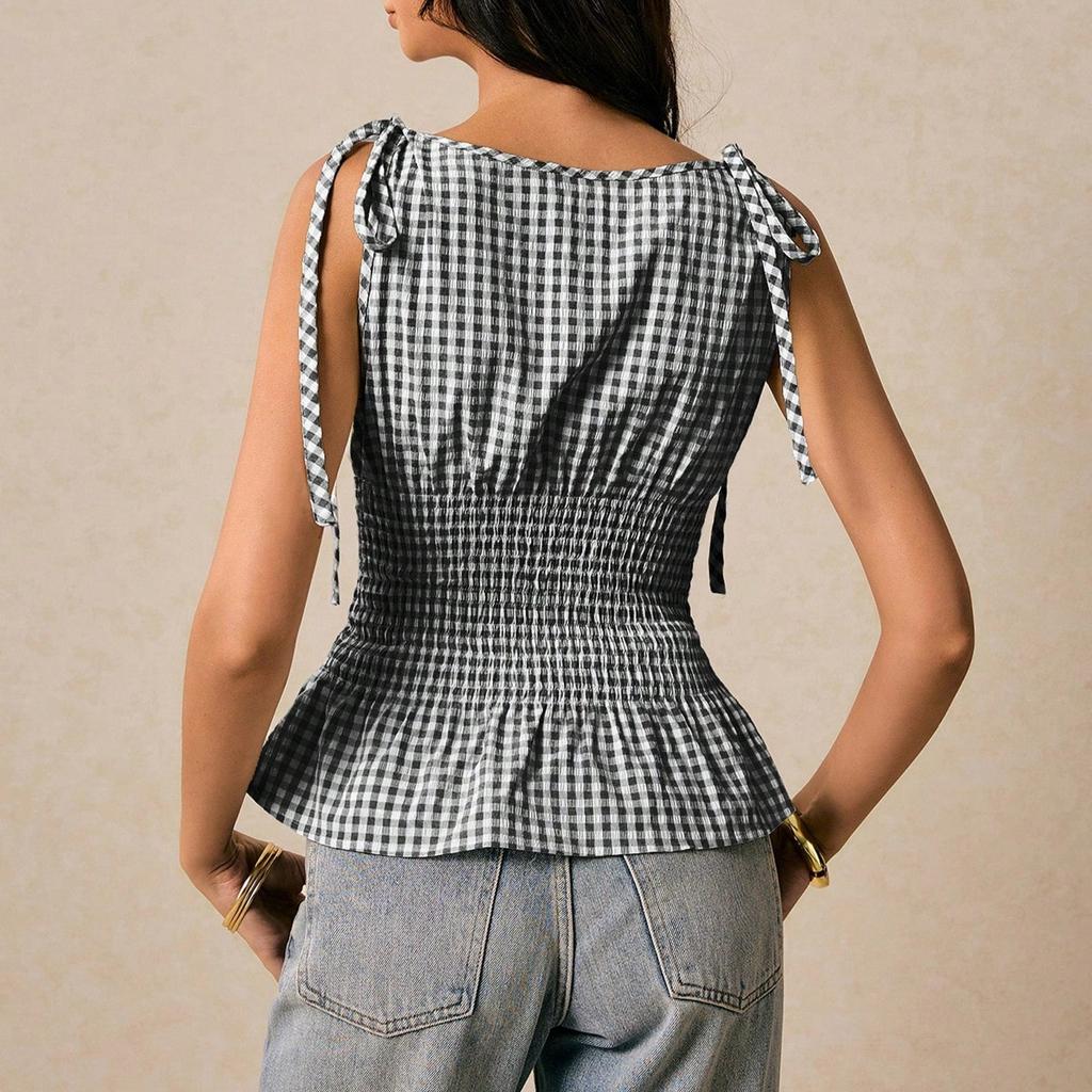 Women Sleeveless Plaid Vintage Checkered Slim Fit Shirred Waist Peplum Top with Tie Shoulder Straps Casual Blouse