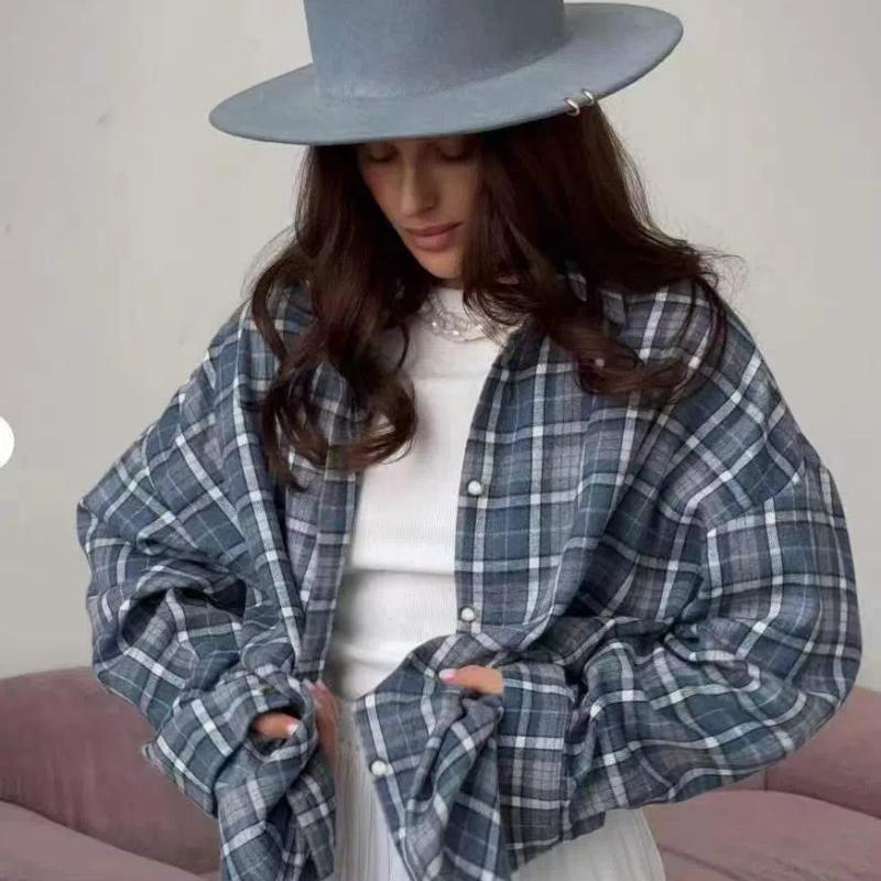 

Универсальная рубашка свободного кроя с лацканами в стиле ретро, с длинными рукавами и карманом, в клетку, женская, для весны и осени M светло-синий