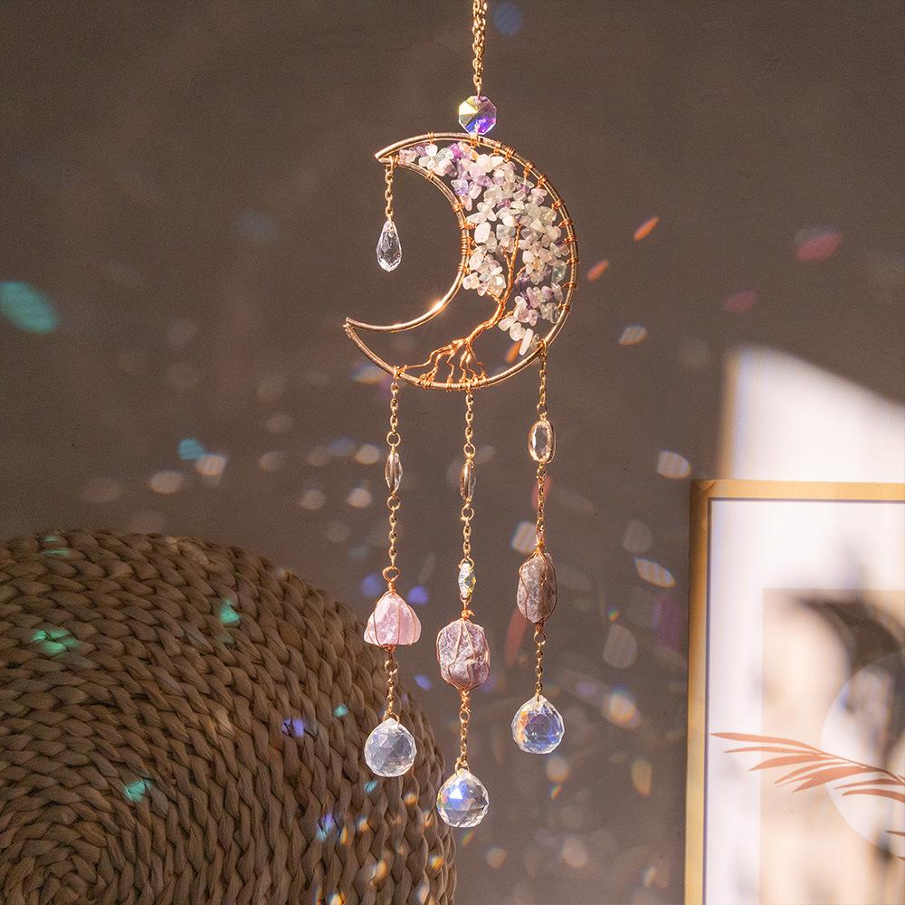 Hand-Woven Wind Chimes Life Tree Dream Crystal Wind Chime Crystal Stone Room Decoration Engraving Christmas (as the picture,S)
