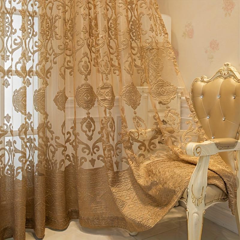 1PC Golden Elegant Jacquard Sheer Curtain with Grommet Top - Perfect for Bedroom, Living Room & Home Decor