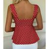 Women Summer New French Polka Dot Drawstring Waist Peplum Hem Cami Top