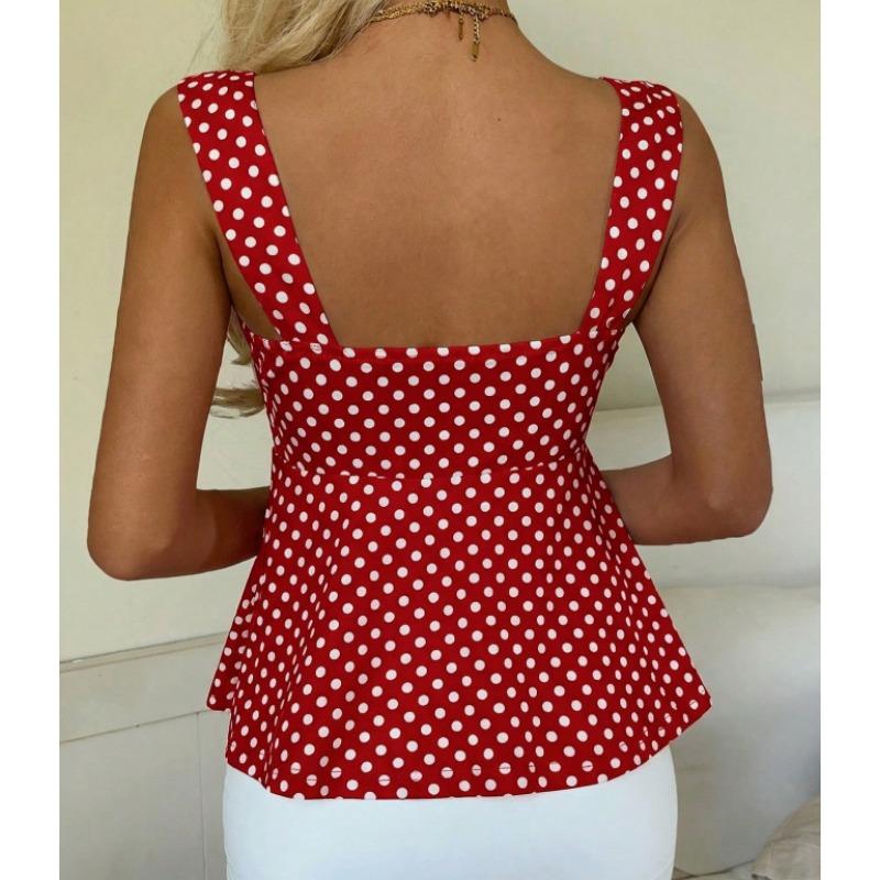 Women Summer New French Polka Dot Drawstring Waist Peplum Hem Cami Top