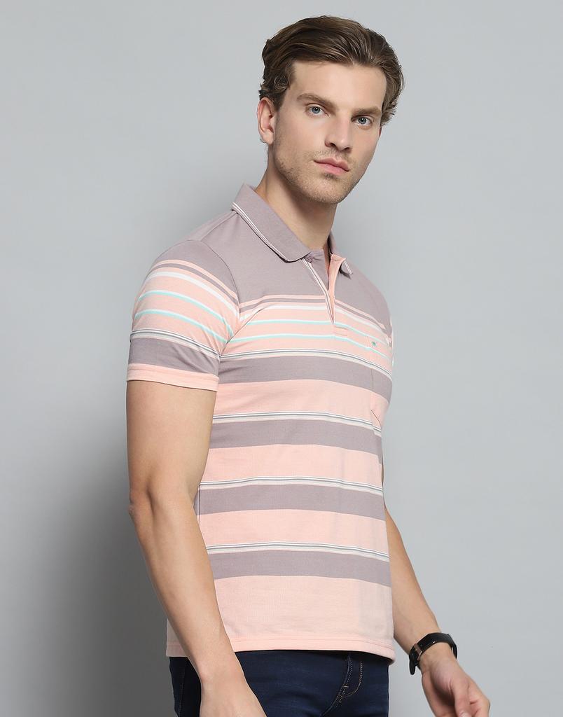 MONTE CARLO Mens Striped Peach Collar Neck Half Sleeve T-Shirt