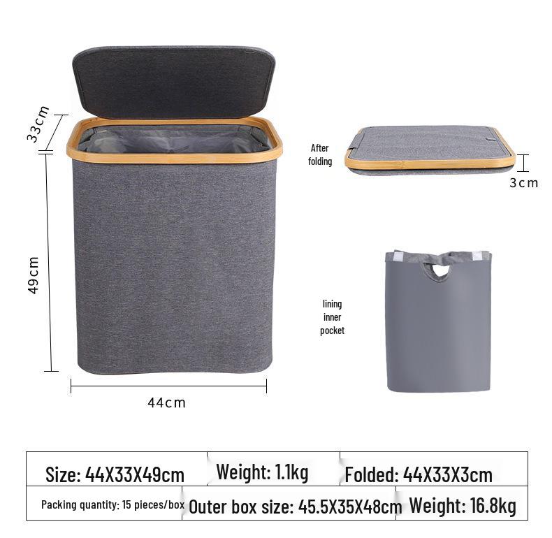 Foldable Bamboo Laundry Basket with Lid and Inner Bag for Bedroom or Bathroom