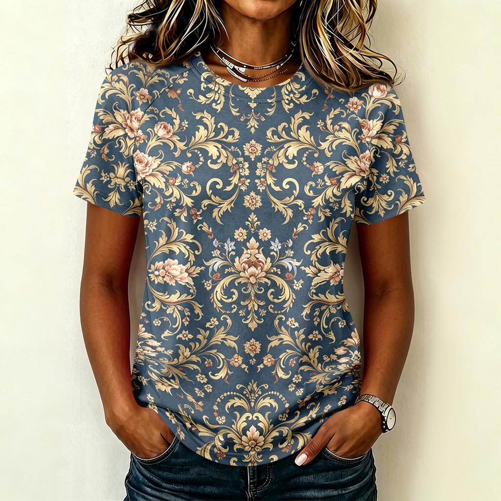 Womens Casual Raglan Sleeve Crew Neck Short Sleeve Top Floral Print Lightweight Comfortable Fit