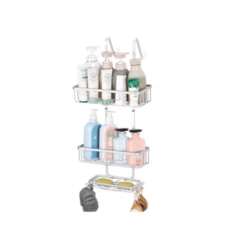 Wieszany Organizer Prysznicowy na Drzwi, 3-poziomowa Półka Wisząca do Prysznica Łazienkowa, Aluminiowy Stojak Prysznicowy z Haczykiem i Mydelniczką