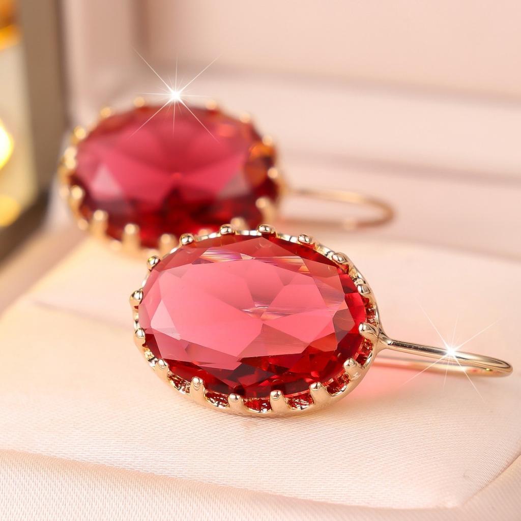 Big Oval Stone Rose Red Crystal Zircon Dangle Earrings for Women Vintage Gold Color Long Hook Drop Earring Wedding Jewelry Gifts