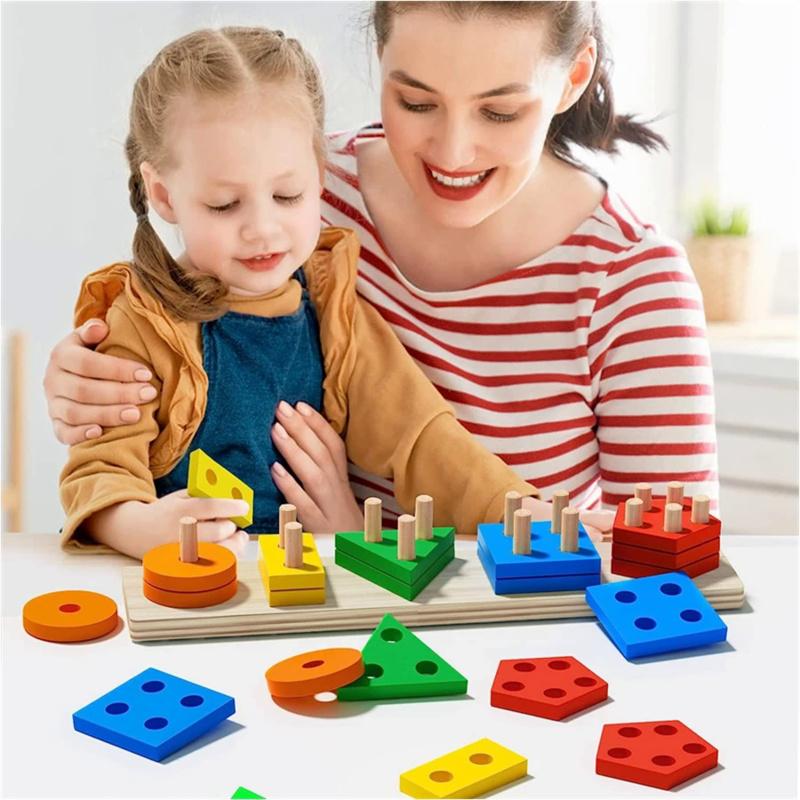Montessori Wooden Toys Color Shape Matching Puzzle Game Colorful Beaded Color Cognition Early Educational Toys Gift for Children