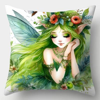 Funda de almohada de hadas, diseño de elfo verde soñador con flores y alas para fans de la fantasía, funda de cojín decorativa de algodón suave