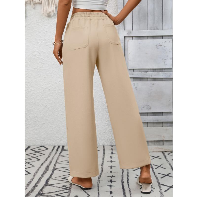Summer New Women's Casual Drawstring Flowing Trousers Wide Leg Pants with Pockets