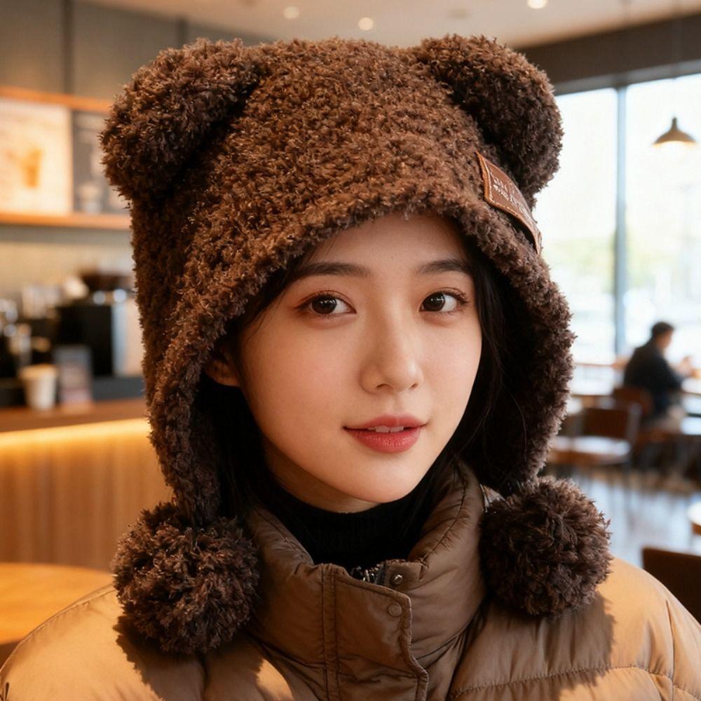Bear Ears Knitted Cap Fluffy Balaclava Hat Cute Little Bear Ears Hat  Female/Girls