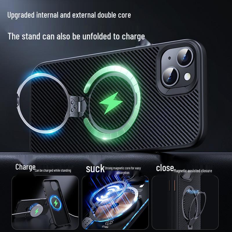 iPhone 16 Carbon Fiber Magnetic Case with Double Ring Stand, Compatible with Apple 15 Pro
