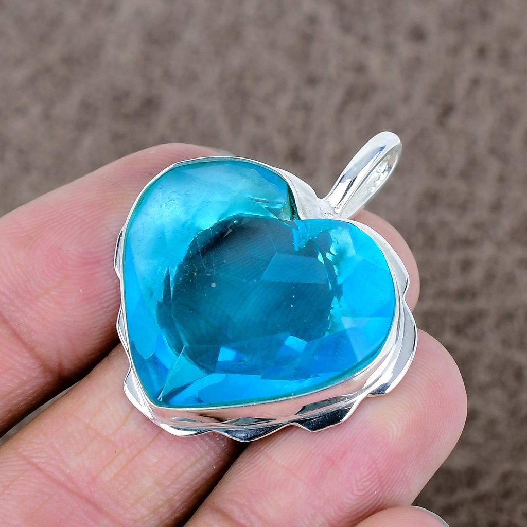 Blue Topaz Gemstone Handmade 925 Sterling Silver Jewelry Pendant 1.62" KKG-555