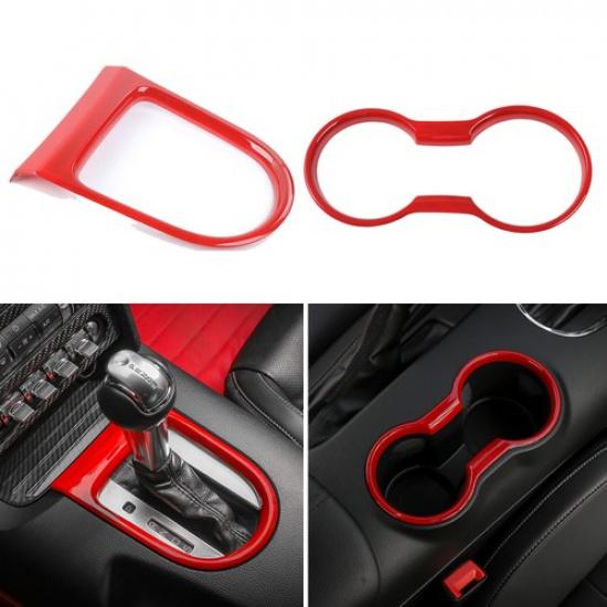 Red Water Bottle Holder Gear Shift Panel Cover Trim Kit for Ford Mustang 2015-23