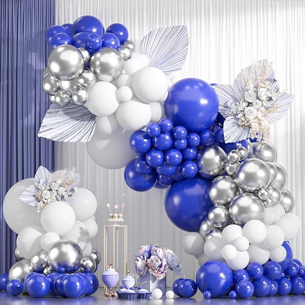 Guirlande de Ballons Bleu Royal Kit d'Arche de Ballons Blanc Argenté Décoration de Fête d'Anniversaire de Mariage de Remise de Diplôme Maison Globos